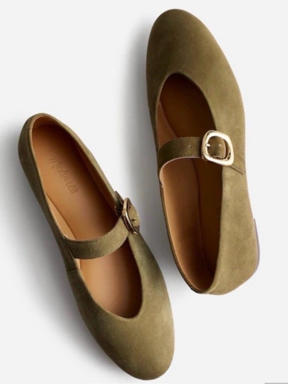 Madewell Olive Suede Mary-Jane Flats with Gold Buckle in size 6
